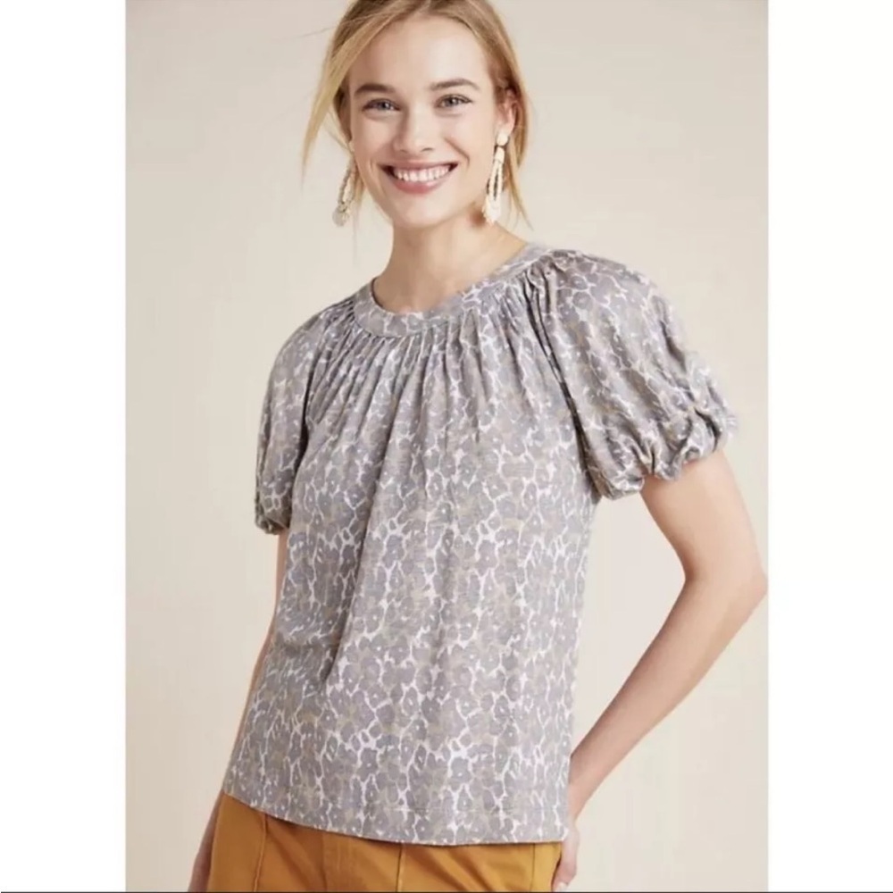 Anthropologie Maeve Leopard Print Puff Sleeve Linen Blouse